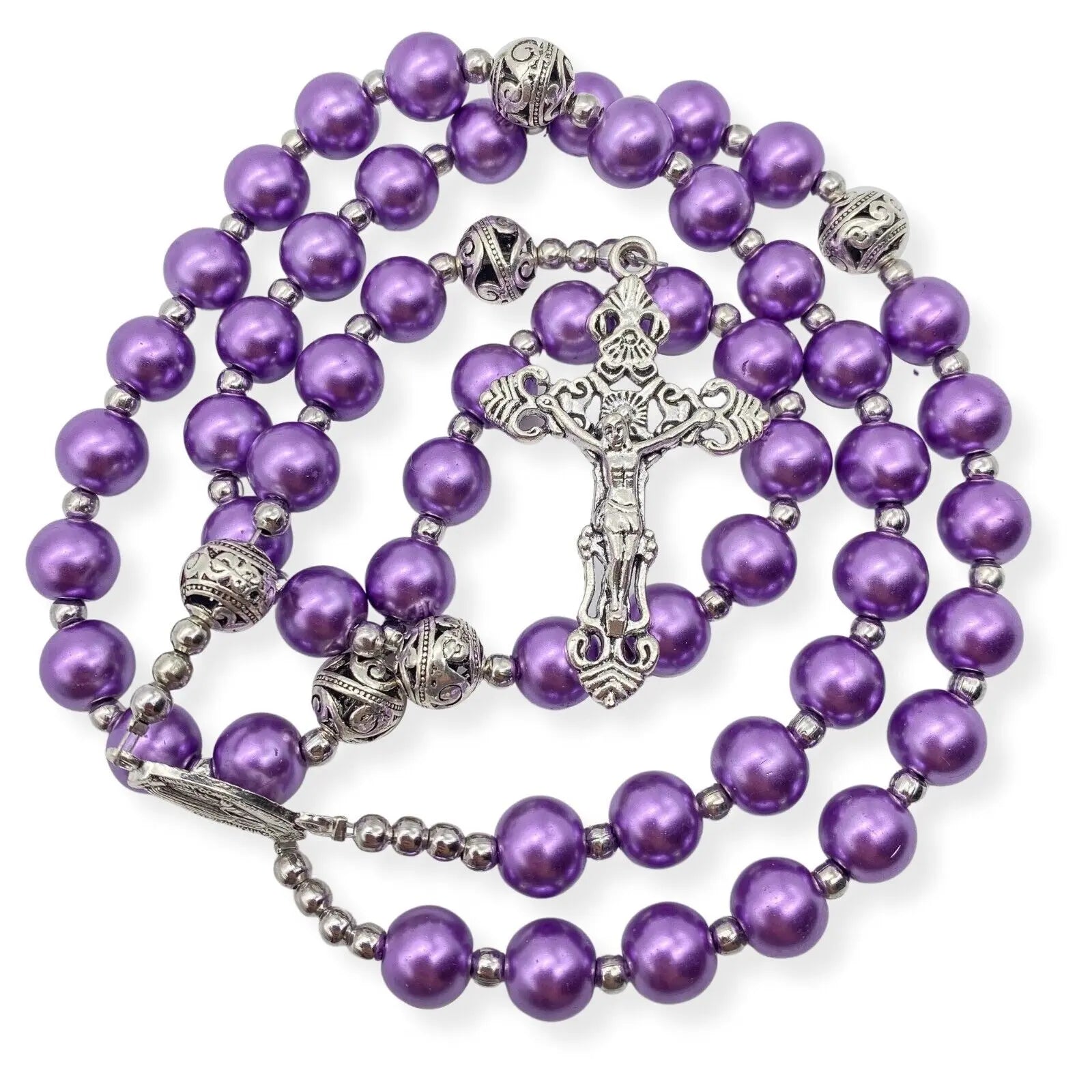 Purple Pearl Beads Rosary 20" Metal Beaded Necklace Miraculous Medal & Cross