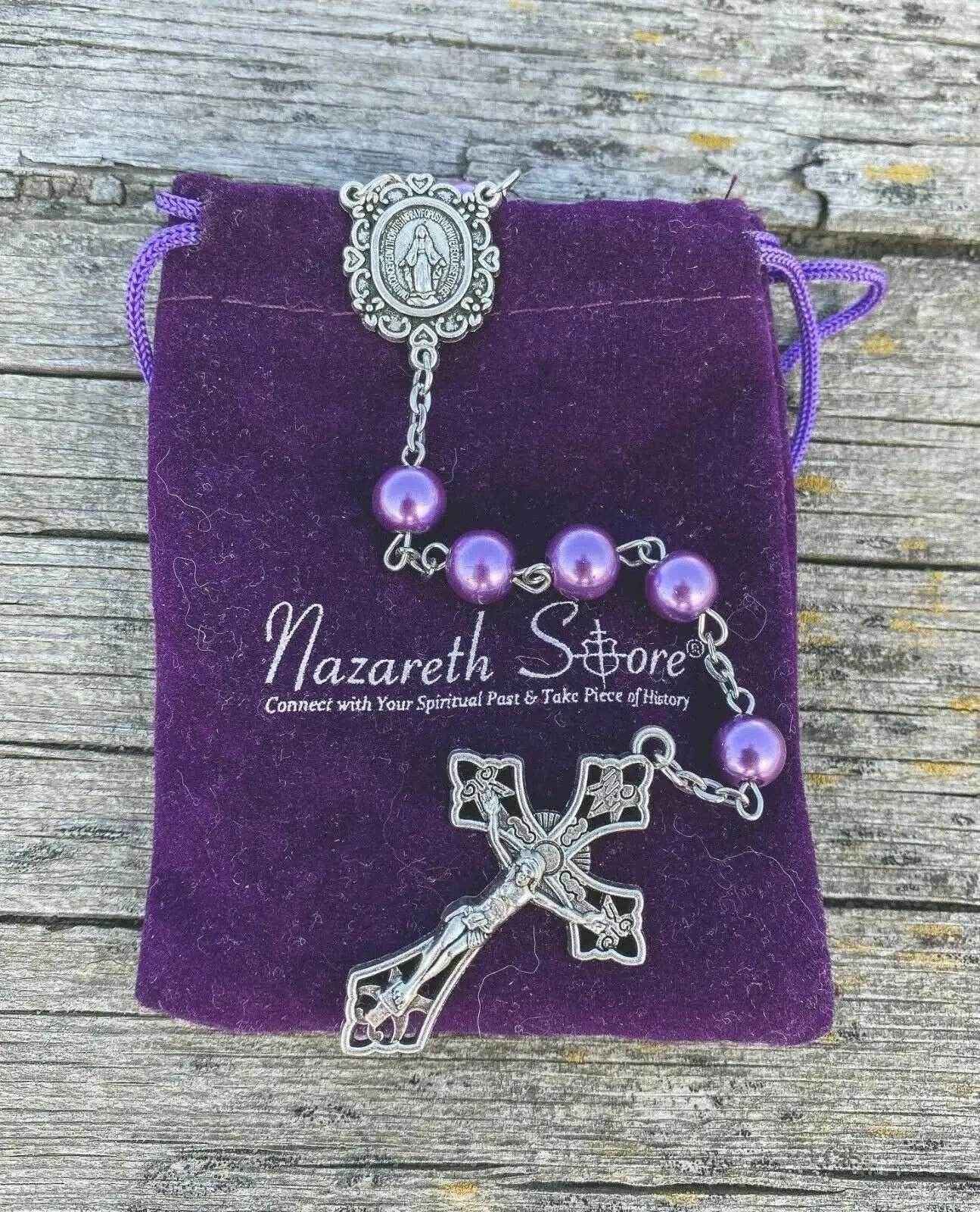Purple Pearl Beads Rosary Necklace with Miraculous Medal & Cross Crucifix - Nazareth Store