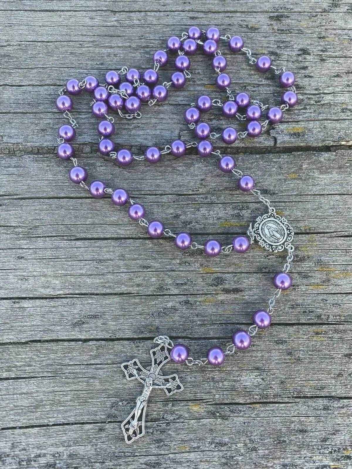 Purple Pearl Beads Rosary Necklace with Miraculous Medal & Cross Crucifix - Nazareth Store