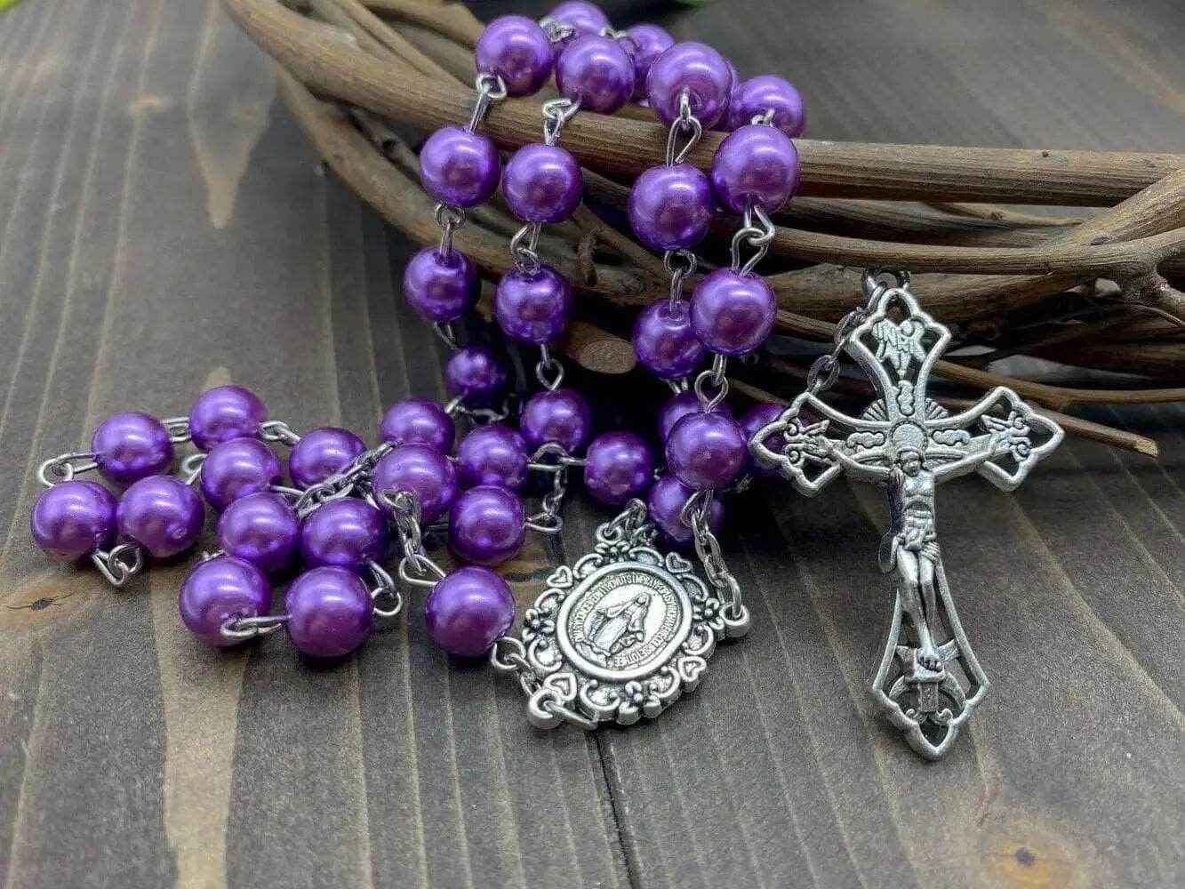 Purple Pearl Beads Rosary Necklace with Miraculous Medal & Cross Crucifix - Nazareth Store