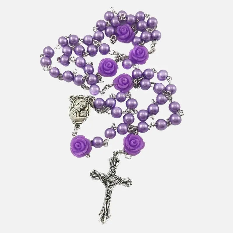Purple Pearl Beads Rosary Necklace Our Rose Holy Soil Medal