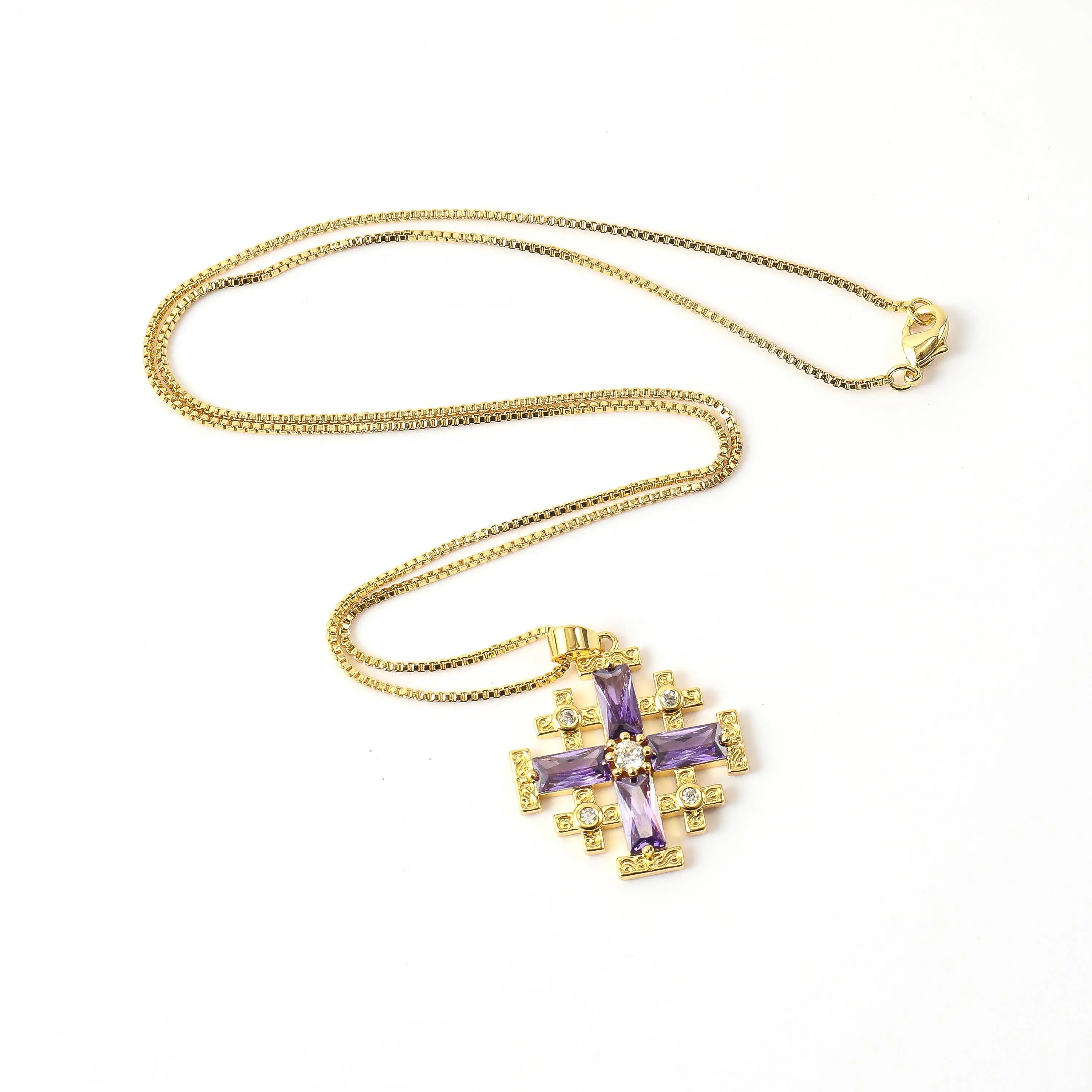 Purple Topaz Jerusalem Cross Pendant Necklace 20" Gold Plated Crusaders Crucifix Charm Nazareth Store