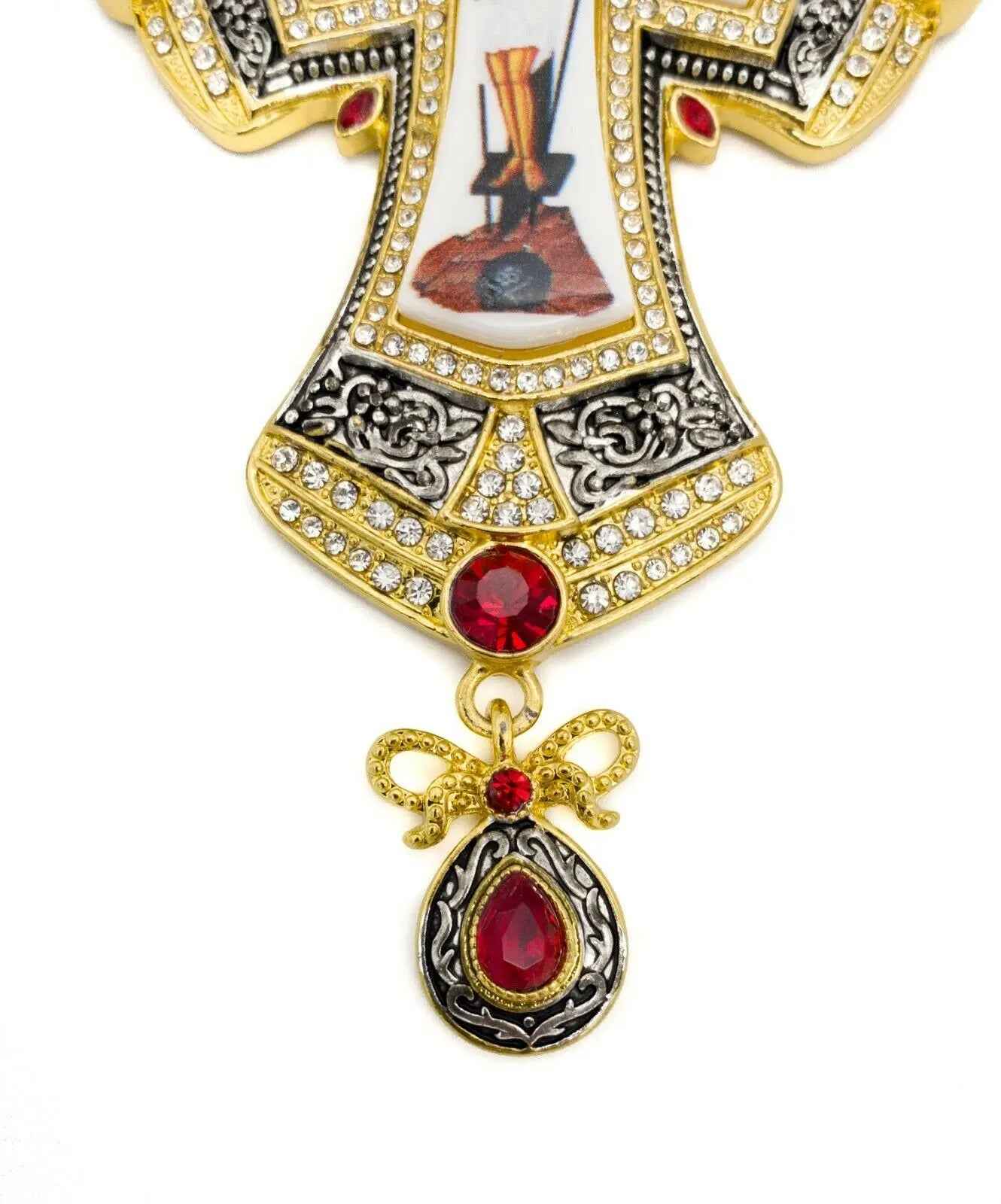 Red Crystals Gold Pectoral Cross Clergy Priest Bishop Pendant 23" Necklace