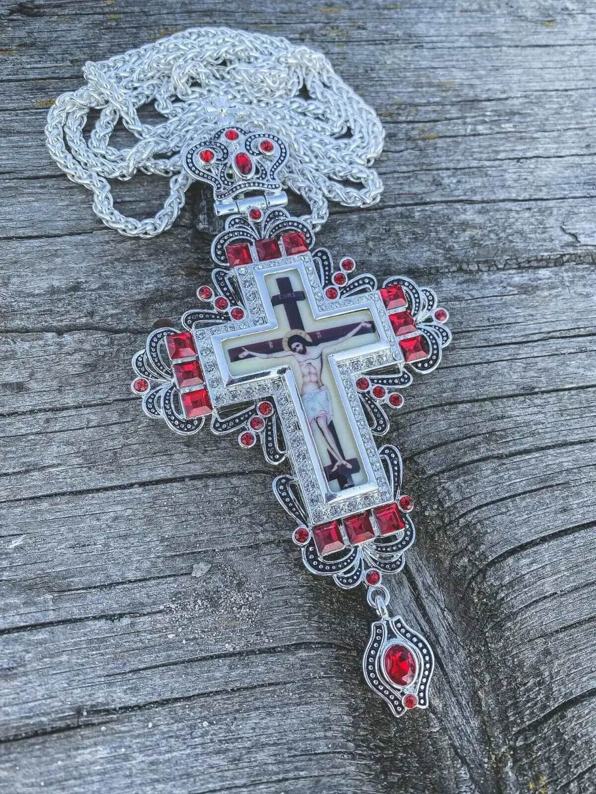 Red Crystal Pectoral Cross Pendant Clergy Necklace Jesus Christ for Priest & Bishop - Nazareth Store