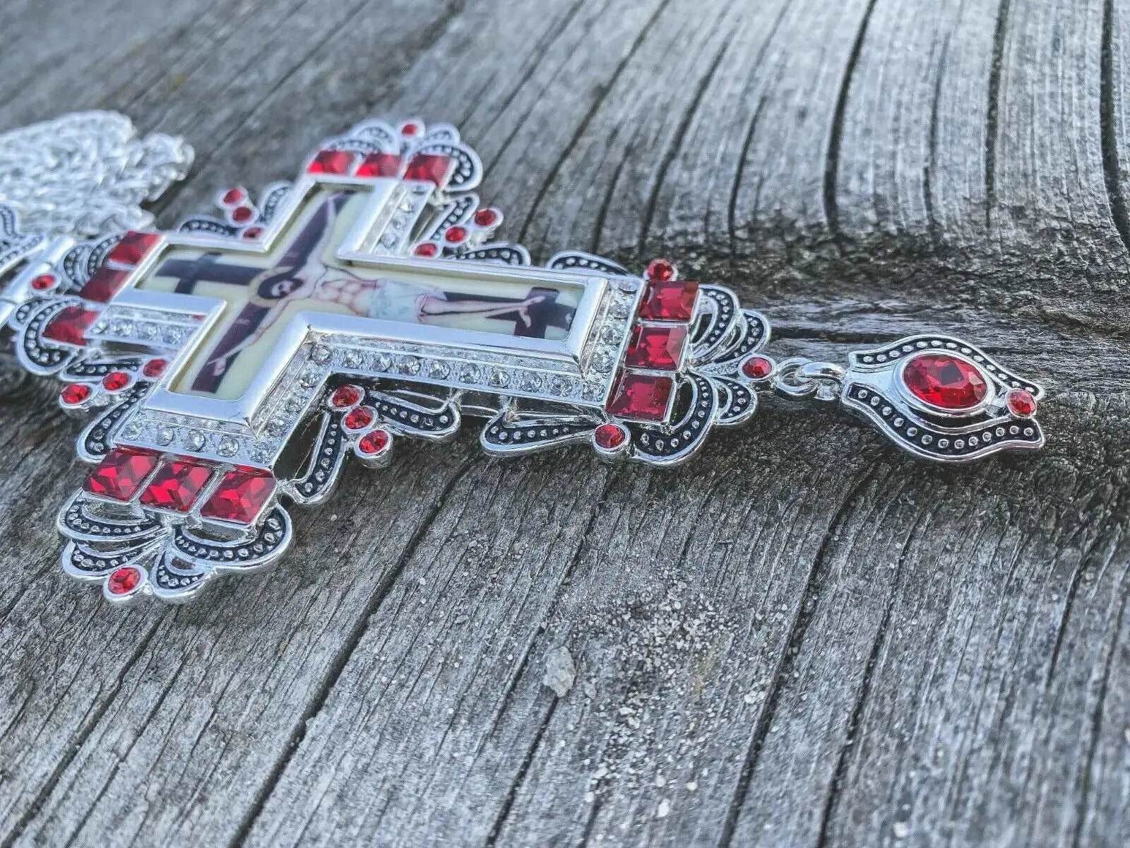 Red Crystal Pectoral Cross Pendant Clergy Necklace Jesus Christ for Priest & Bishop - Nazareth Store