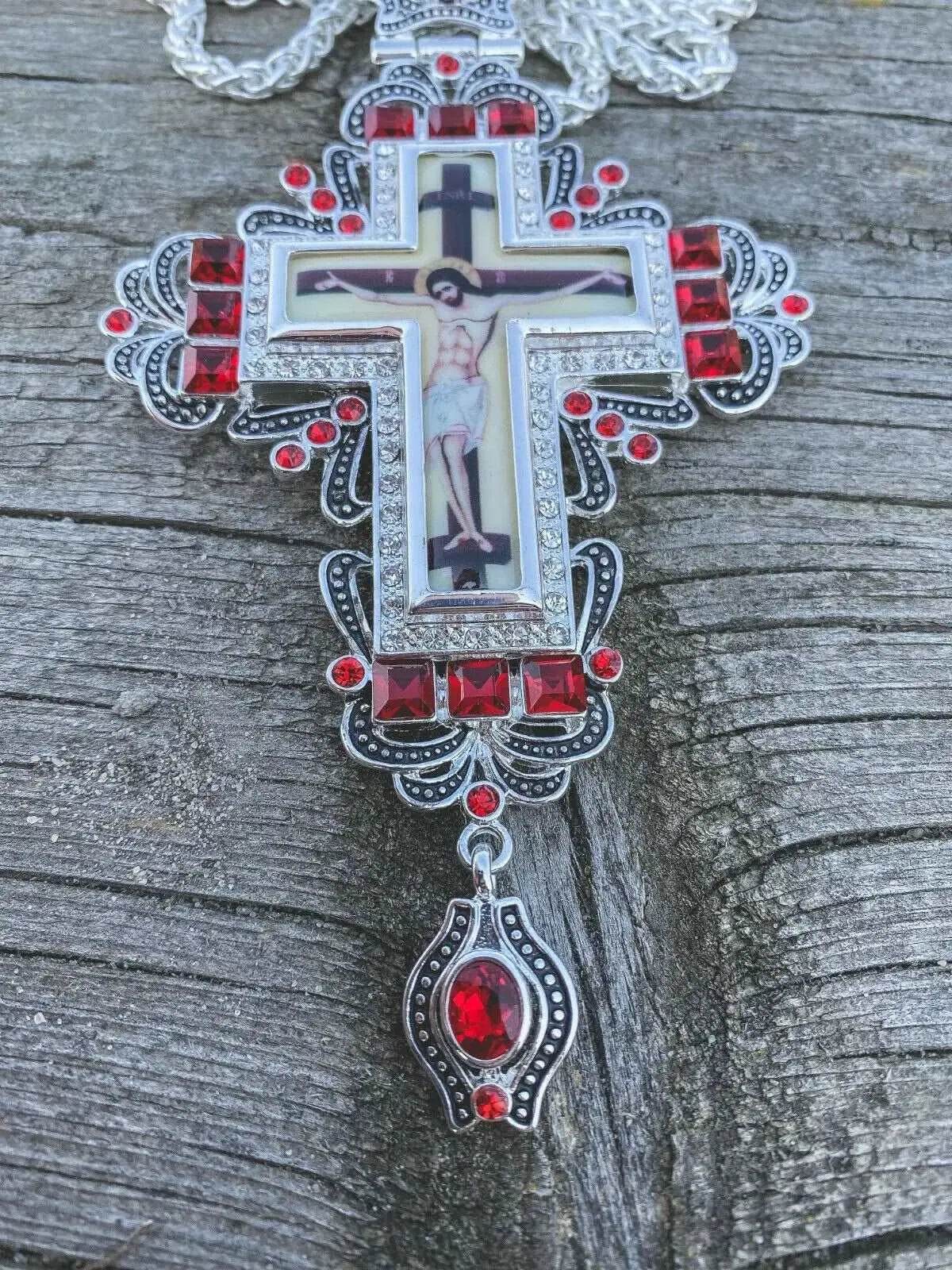 Red Crystal Pectoral Cross Pendant Clergy Necklace Jesus Christ for Priest & Bishop - Nazareth Store