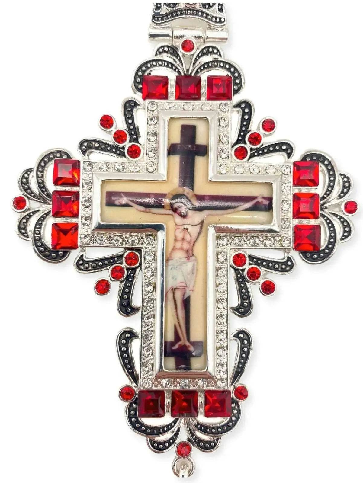 Red Crystal Pectoral Cross Pendant Clergy Necklace Jesus Christ for Priest & Bishop - Nazareth Store