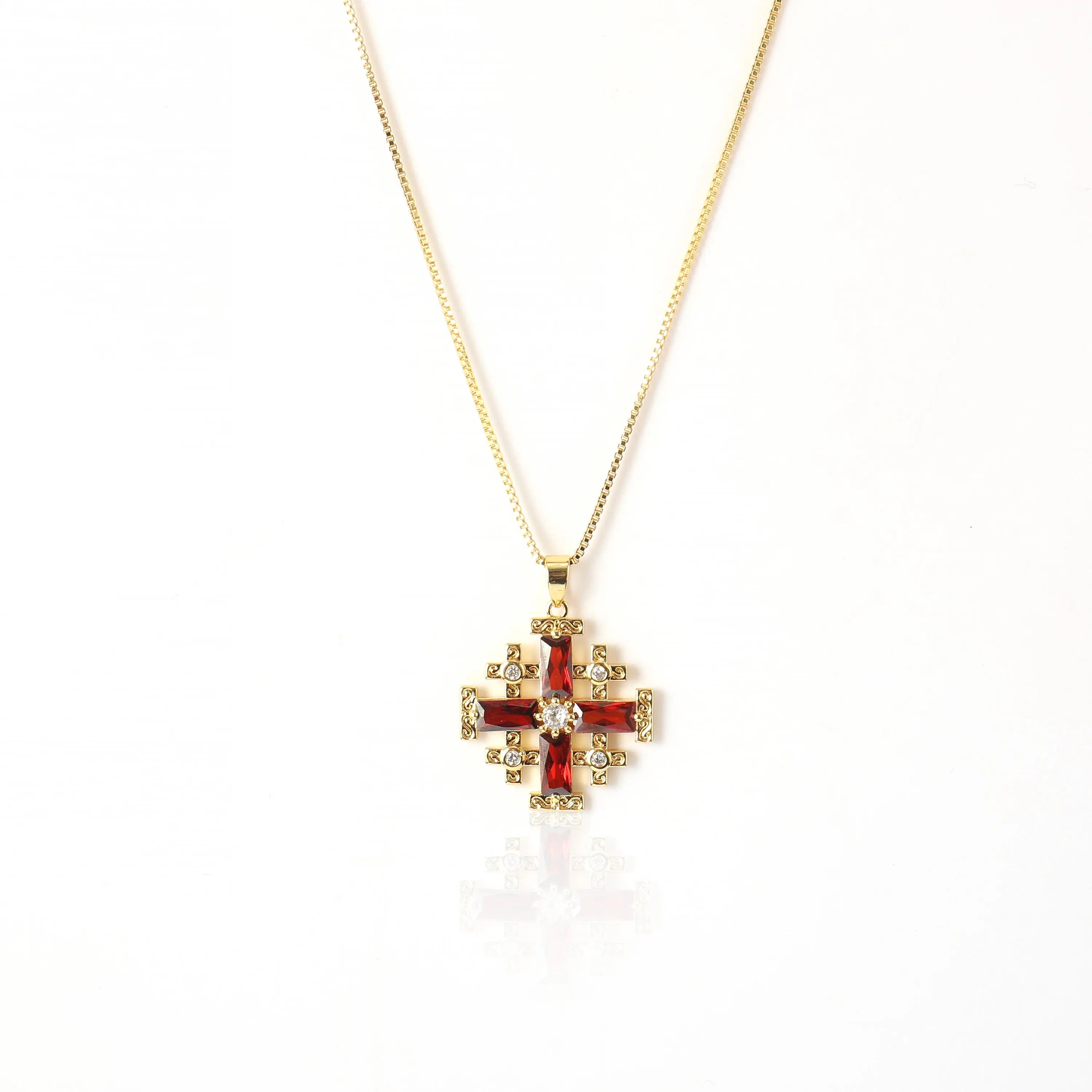Red Garnet Jerusalem Cross Pendant Gold Plated Catholic Necklace Crystallized Glass 20" Nazareth Store