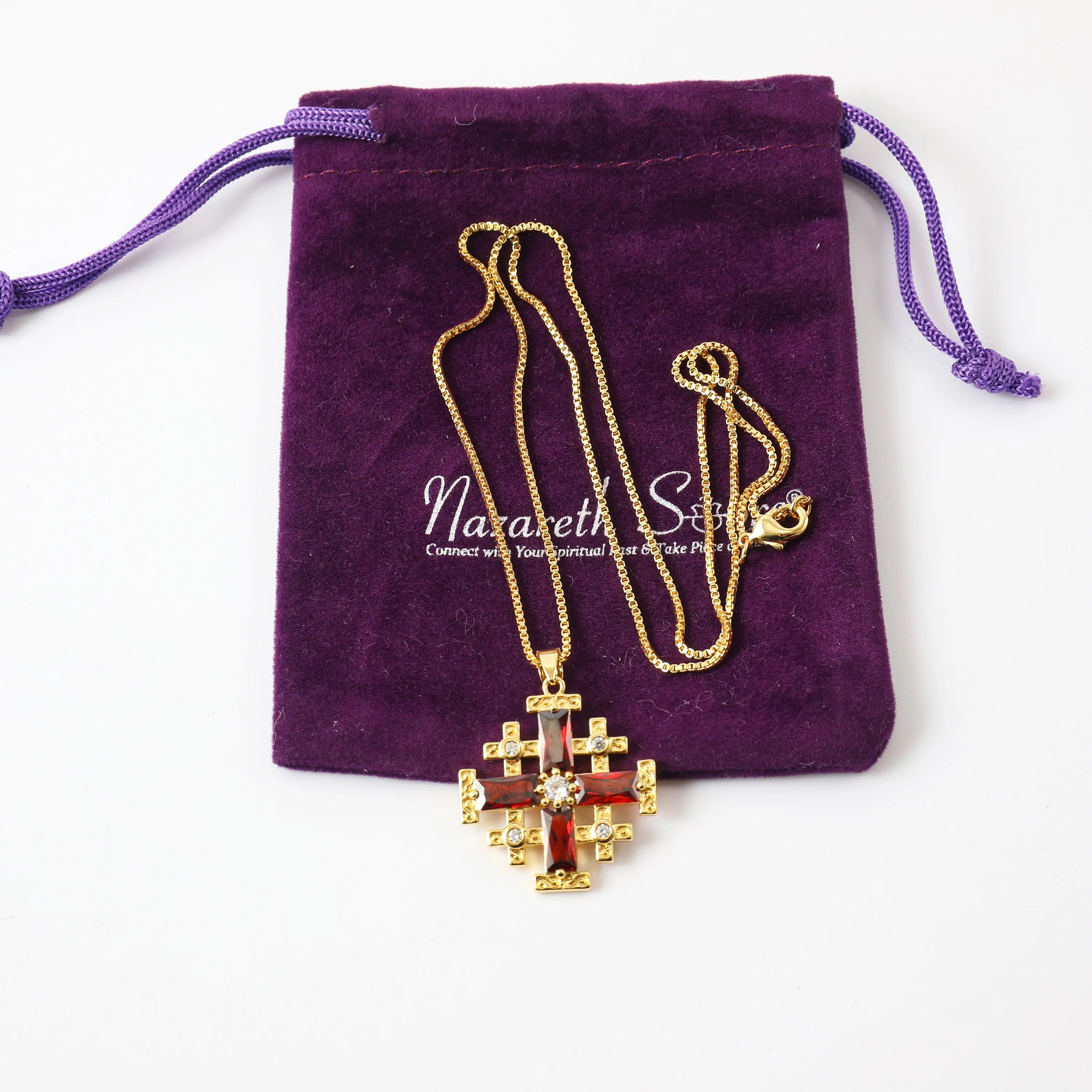 Red Garnet Jerusalem Cross Pendant Gold Plated Catholic Necklace Crystallized Glass 20" Nazareth Store
