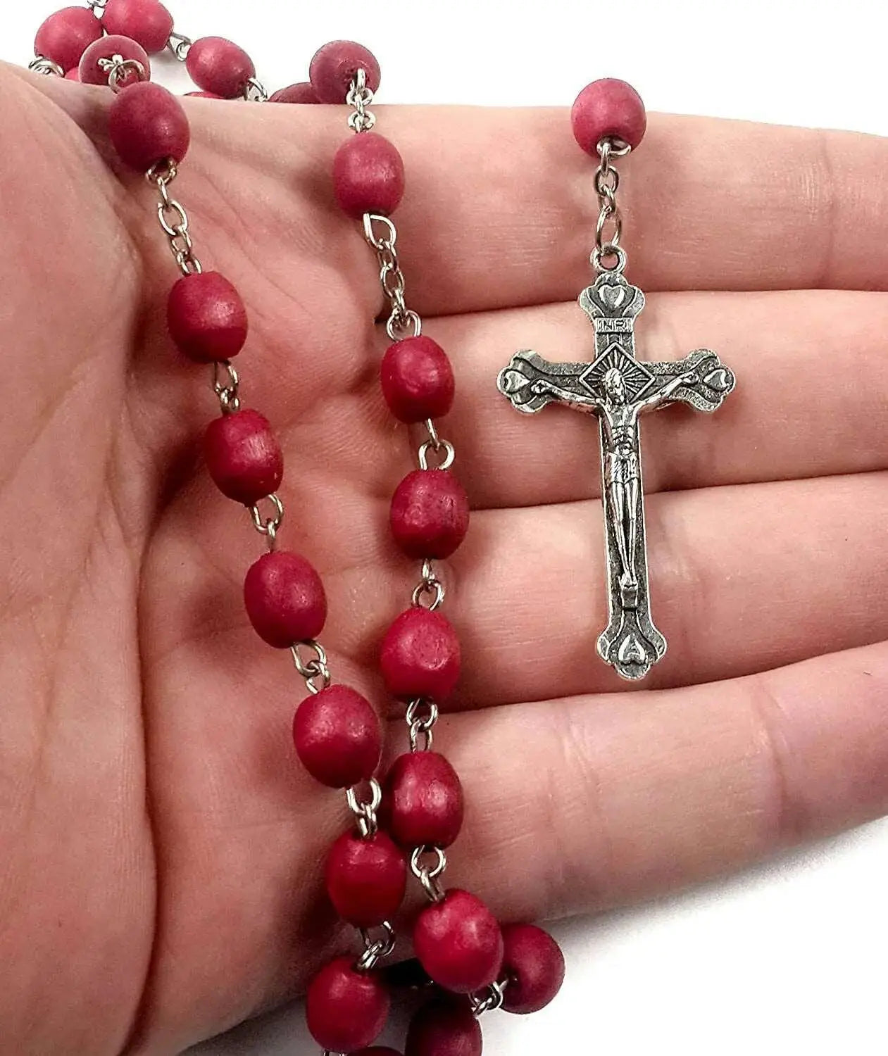 Rose Petal Rosary Beads Red Rare Carved Beads & Silver Plated cross Nazareth Store