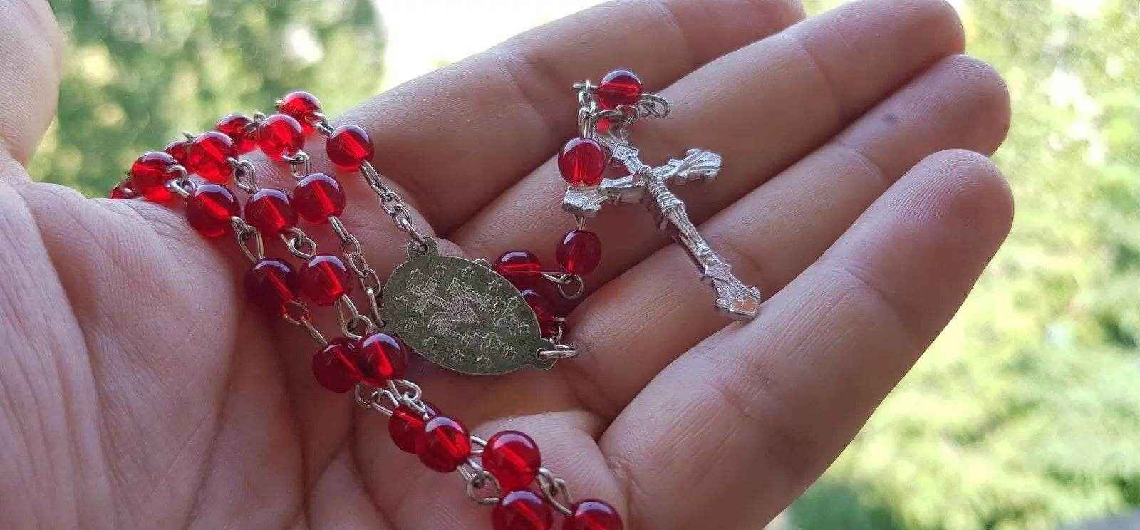 Round Red Glass Beads Rosary Necklace Miraculous Medal with Cross - Nazareth Store