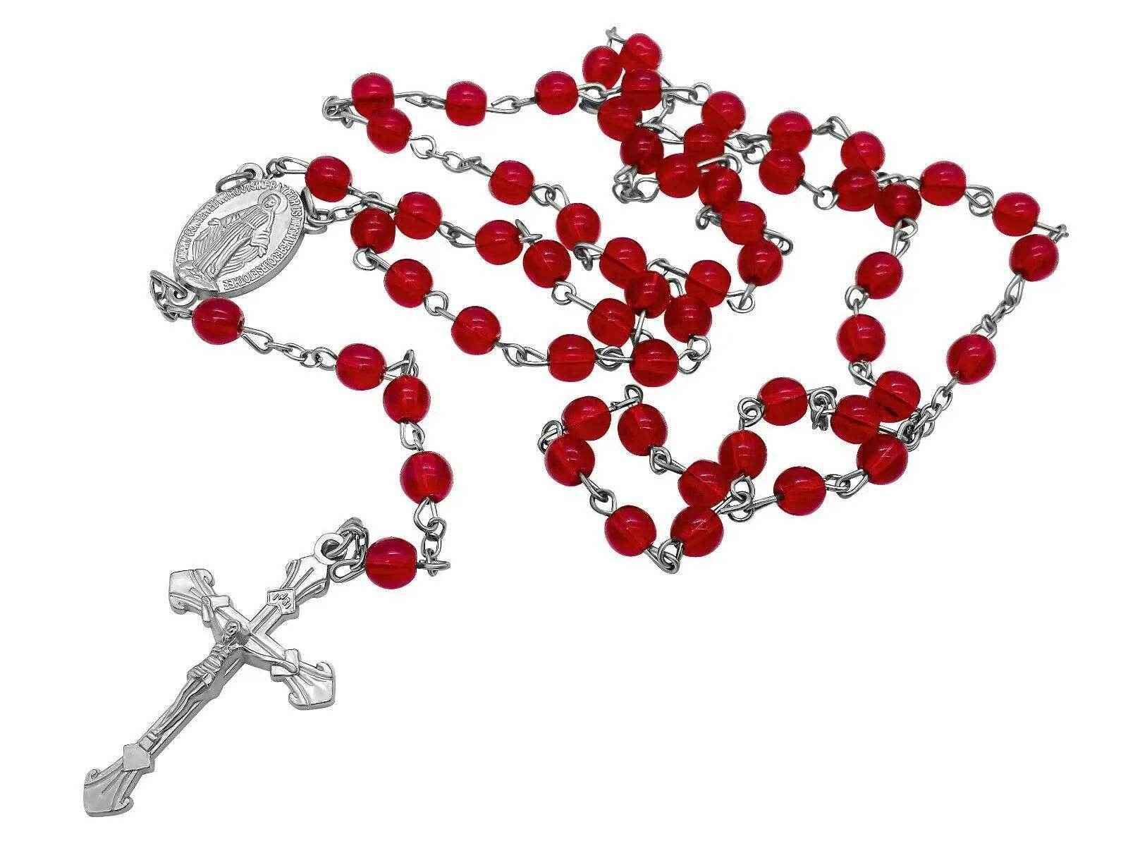 Round Red Glass Beads Rosary Necklace Miraculous Medal with Cross - Nazareth Store