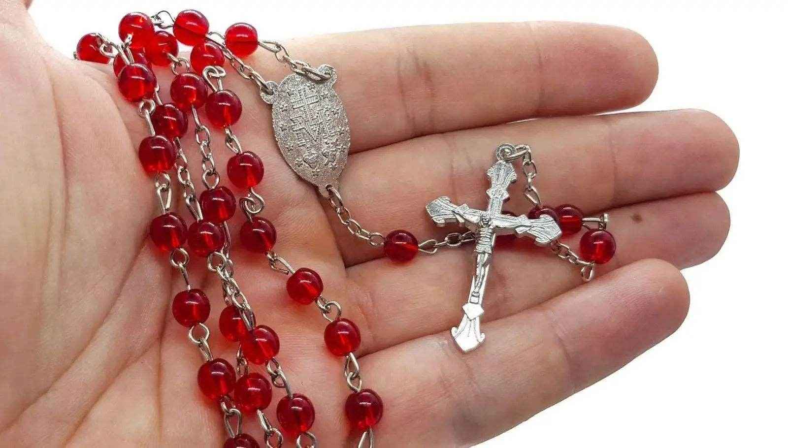 Round Red Glass Beads Rosary Necklace Miraculous Medal with Cross - Nazareth Store
