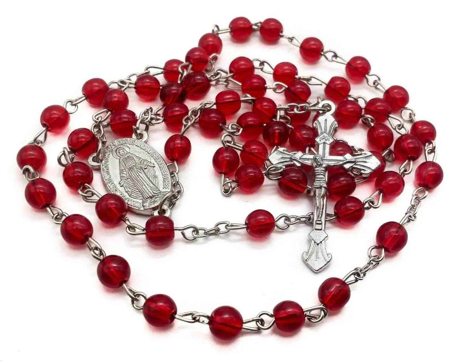 Round Red Glass Beads Rosary Necklace Miraculous Medal with Cross - Nazareth Store