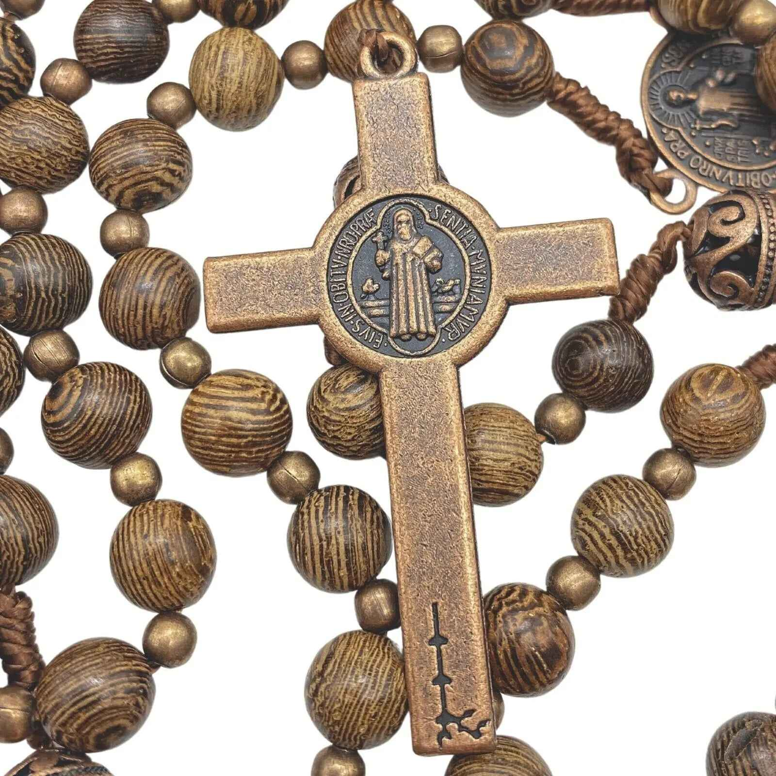 Wooden Rosary Necklace Sacred St. Benedict Chaplet with Solid Wood & Metal Beads 20" (Copy)