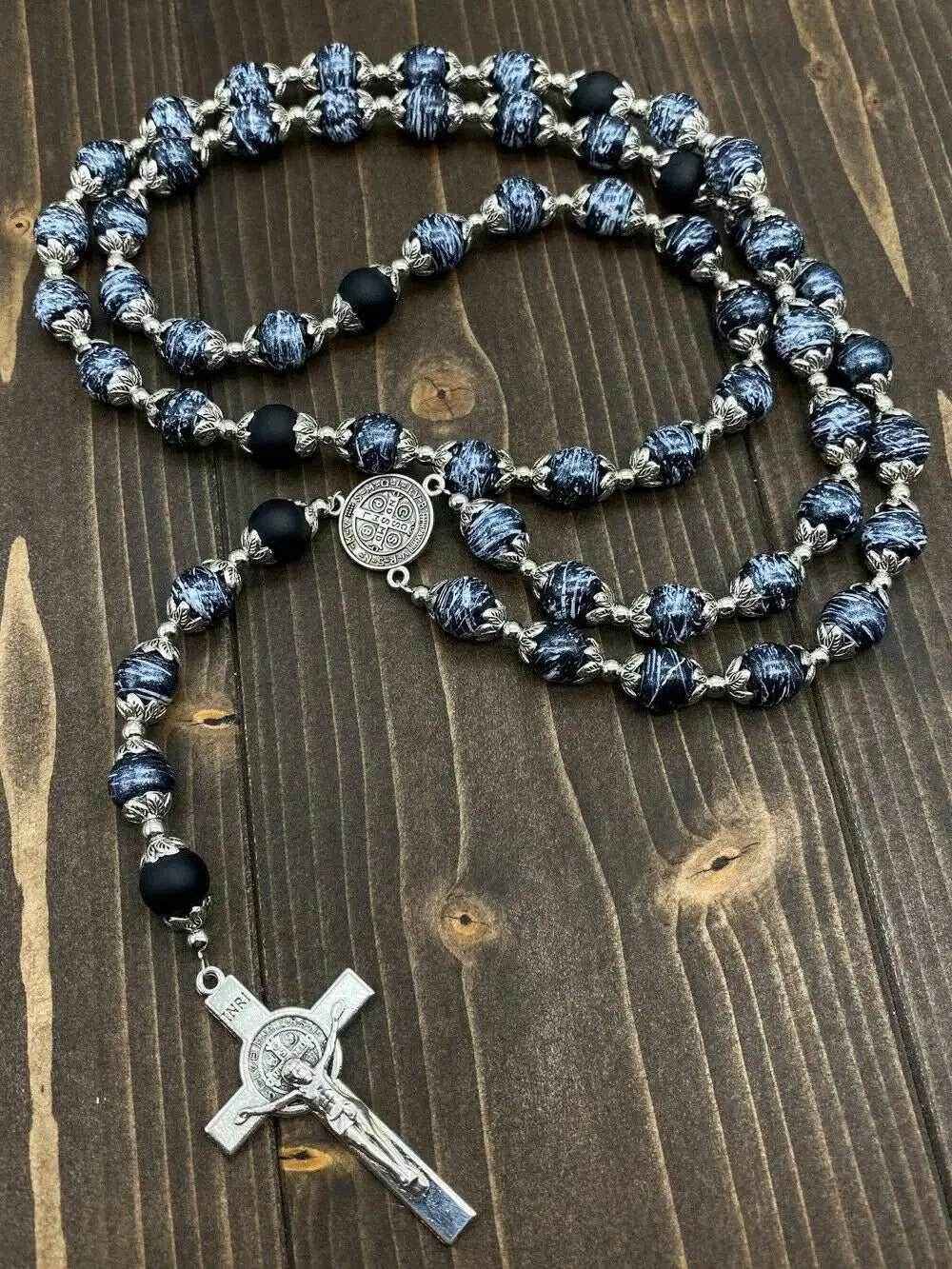 Black Glass Agate Beads Rosary Necklace Medal Cross