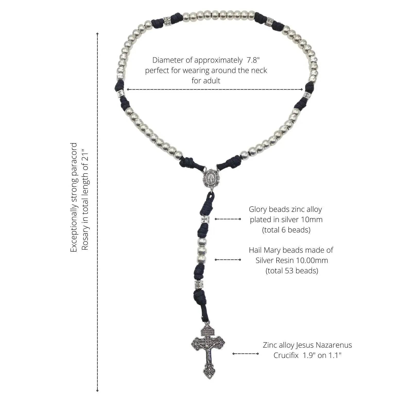 Silver Beads Paracord Rosary Necklace Miraculous Medal & Pardon Crucifix - Nazareth Store