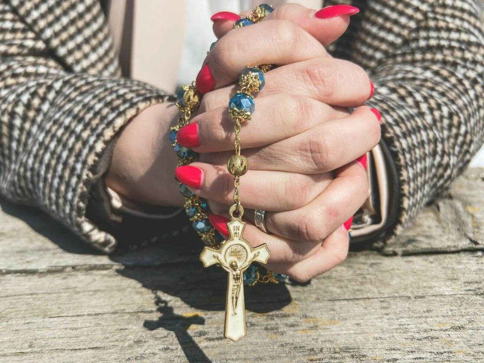 Light Blue Crystal Beads Rosary St Saint Benedict Cross & Miraculous Medal