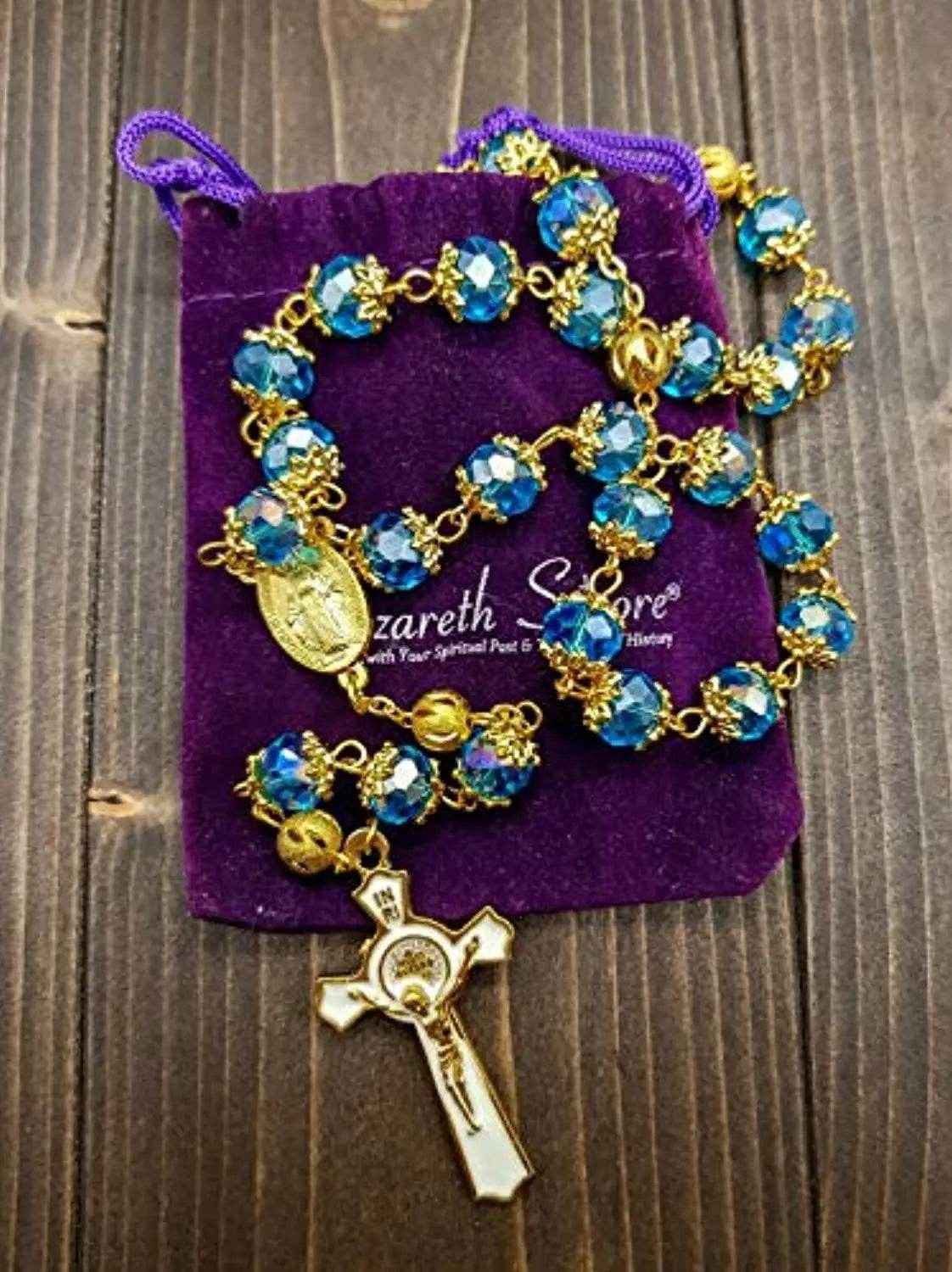 Light Blue Crystal Beads Rosary St Saint Benedict Cross & Miraculous Medal