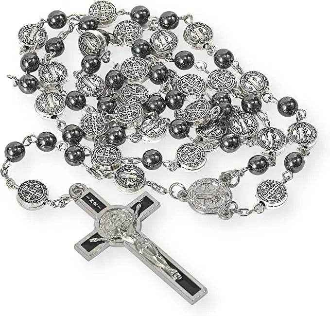 St. Benedict Hematite Rosary Necklace Metal Beads Stainless Medal & Cross