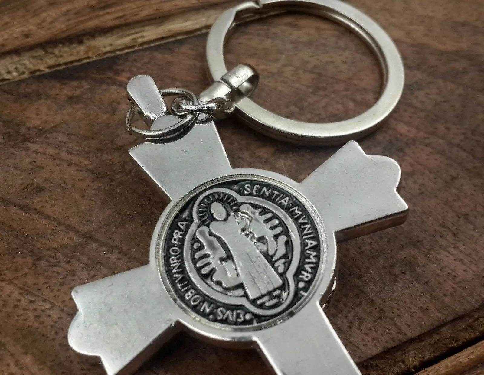 St Benedict Metal Cross Keychain Catholic Key Ring Holder