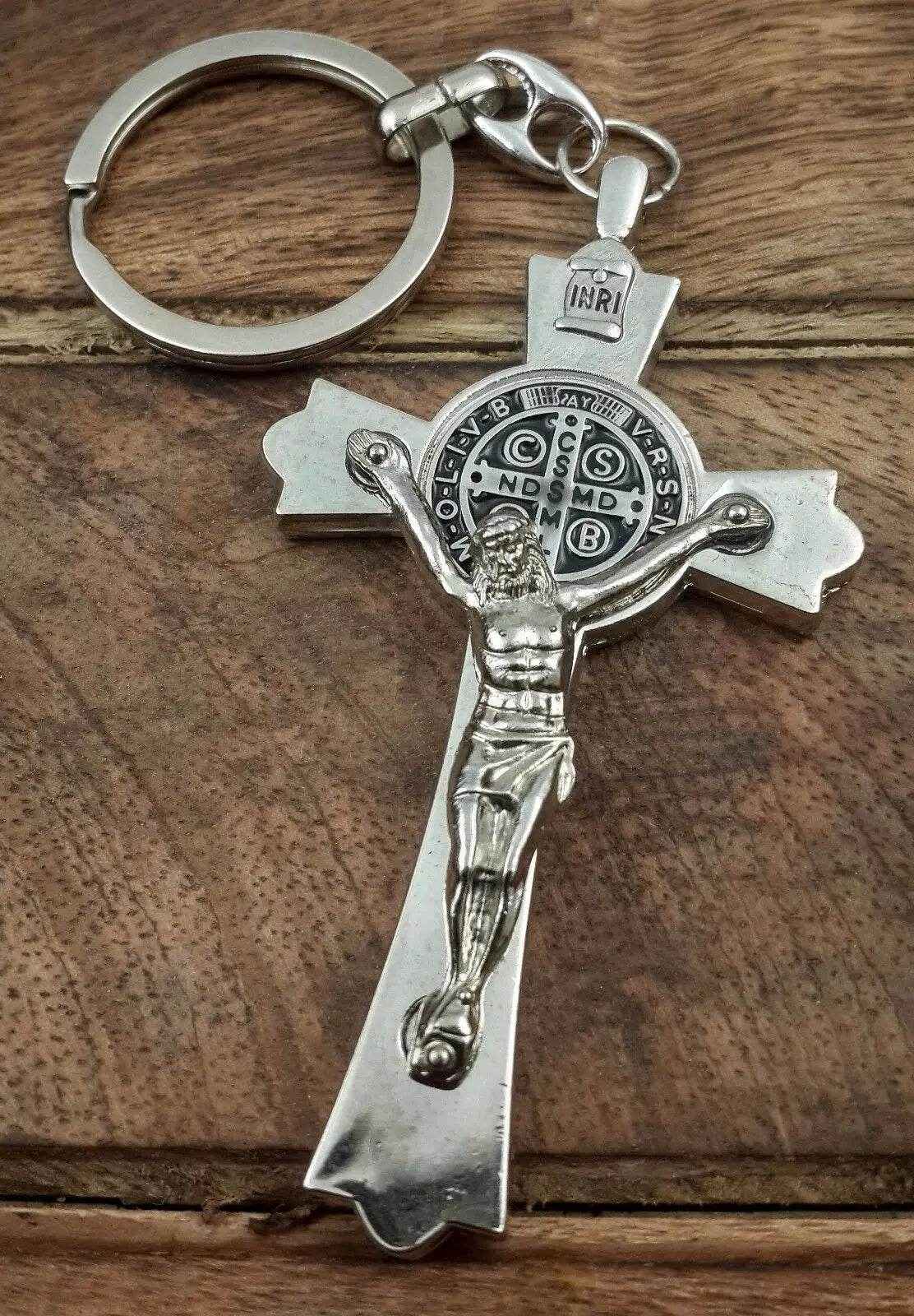 St Benedict Metal Cross Keychain Catholic Key Ring Holder - Nazareth Store