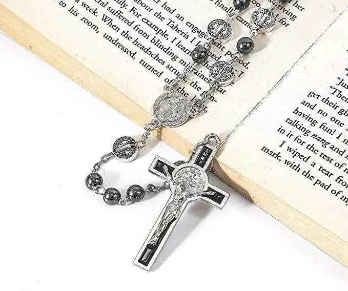 St. Benedict Rosary Necklace Hematite Metal Beads Stainless Medal & Cross - Nazareth Store