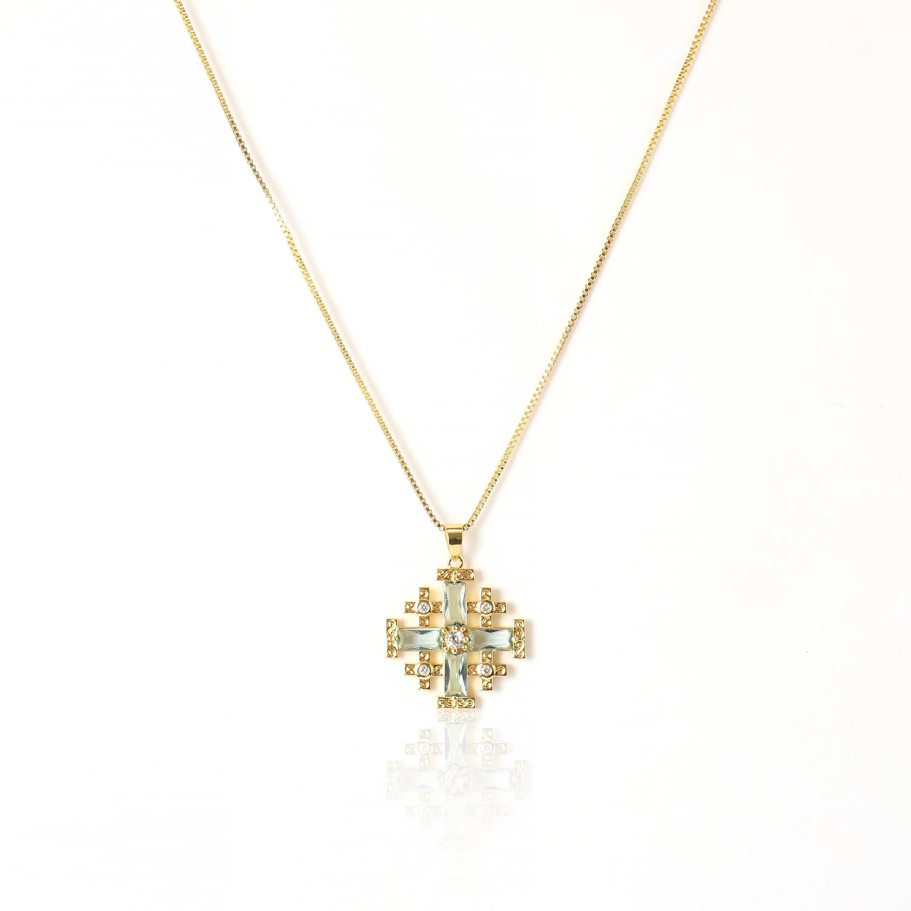 Turquoise Cross Pendant Gold Plated Necklace & Zircon Crystallized Glass - Nazareth Store