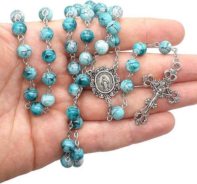 Turquoise Marble Rosary Glass Beads Catholic Rosary Miraculous Medal Cross