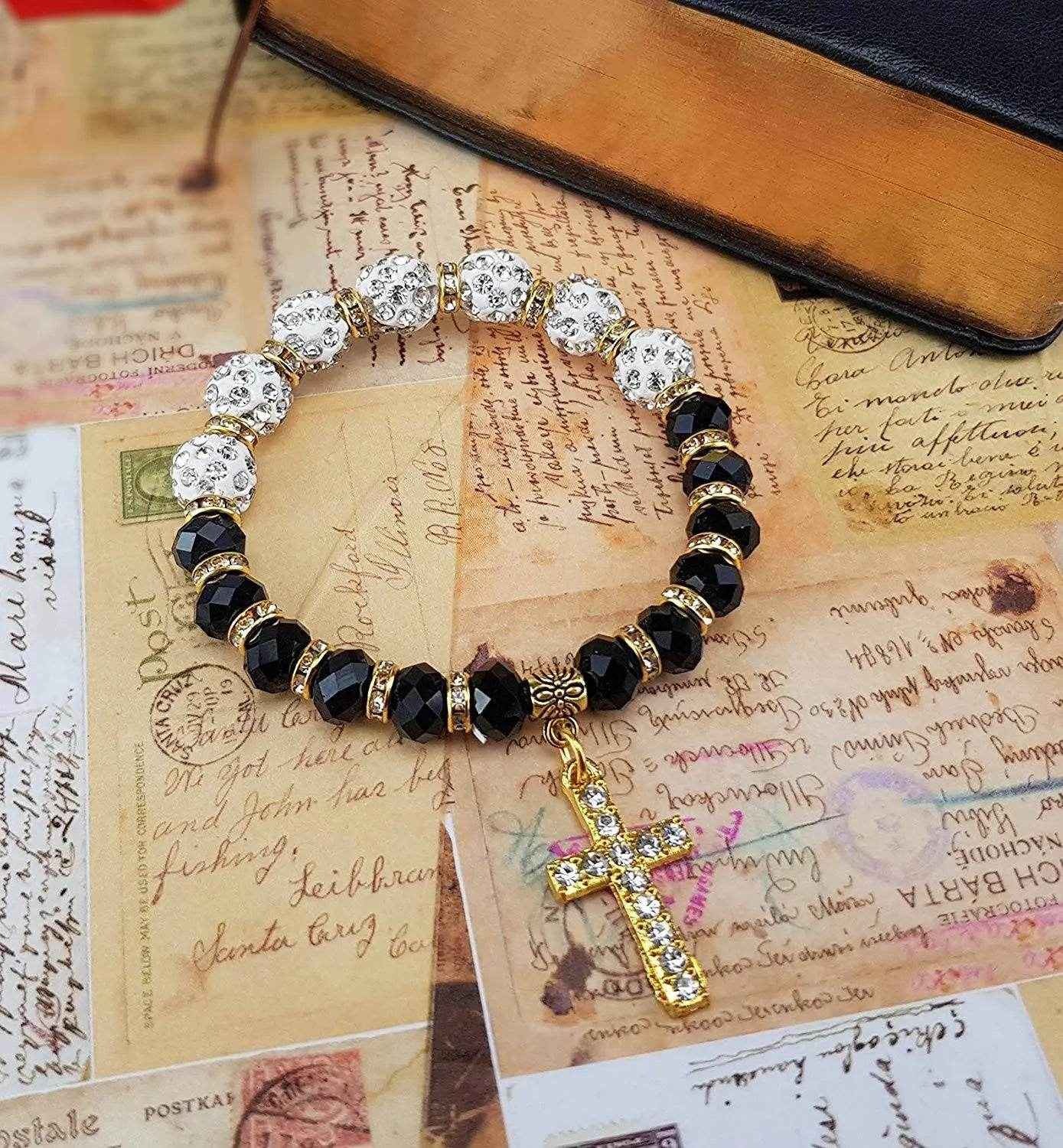 White Black Rosary Beads Wrist Bracelet - Nazareth Store