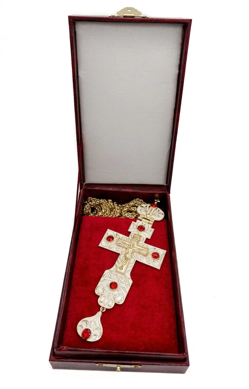 White Enamel Pectoral Cross Clergy Red Priest Bishop Clergy Pendant Chain 23" Nazareth Store