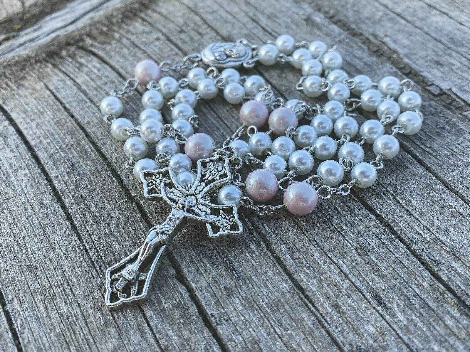 White Pearl Beads Rosary Necklace Purple Glory Beads Holy Mary Medal - Nazareth Store