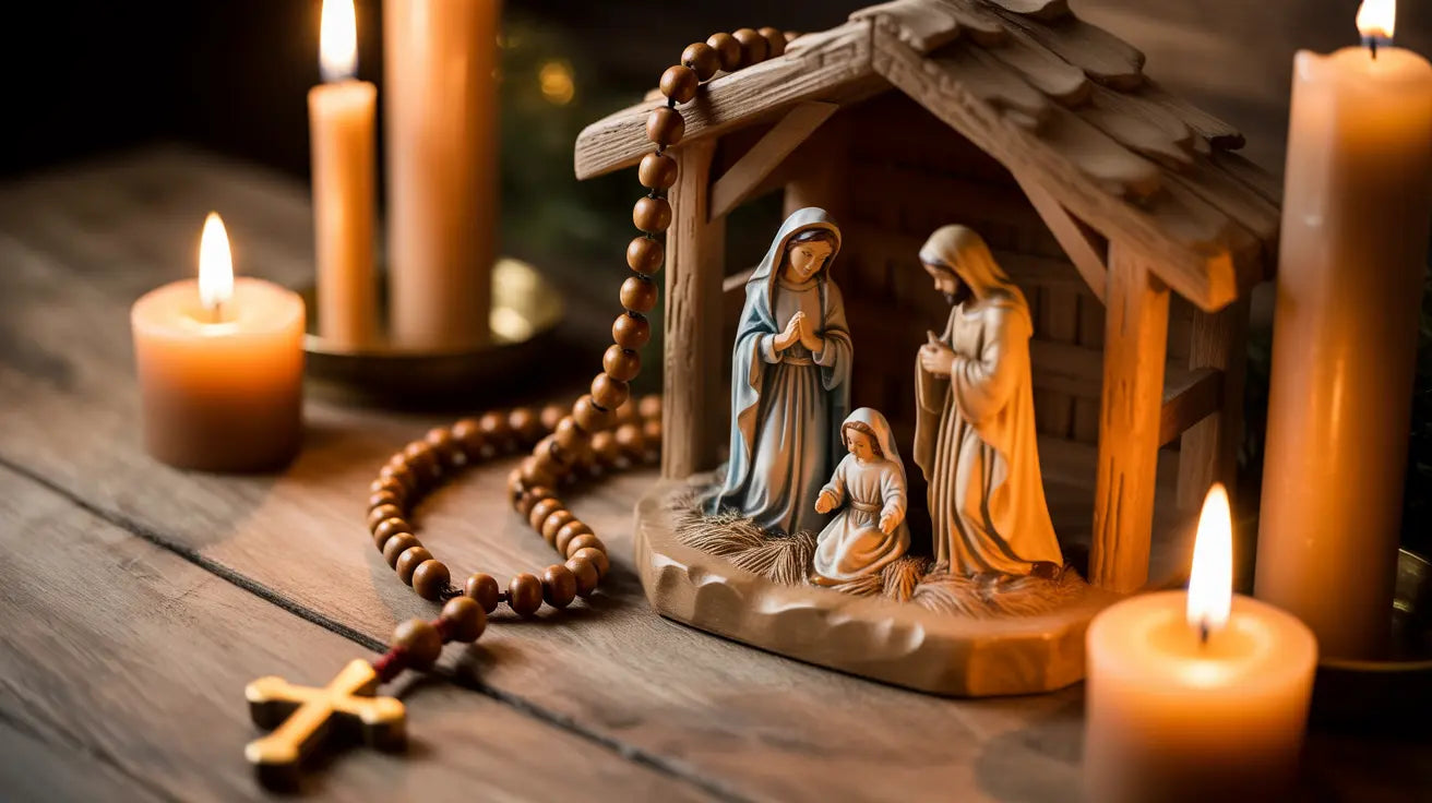 A peaceful Christmas devotional scene with a rosary gently placed beside a Nativity set, soft candlelight, warm golden tones, wooden table, sacred and serene atmosphere, traditional Catholic Christmas mood, high resolution, suitable for a blog cover.