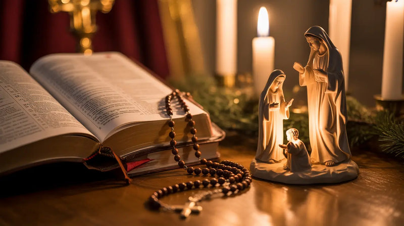 Rosary on Bible with Holy family statue by its side