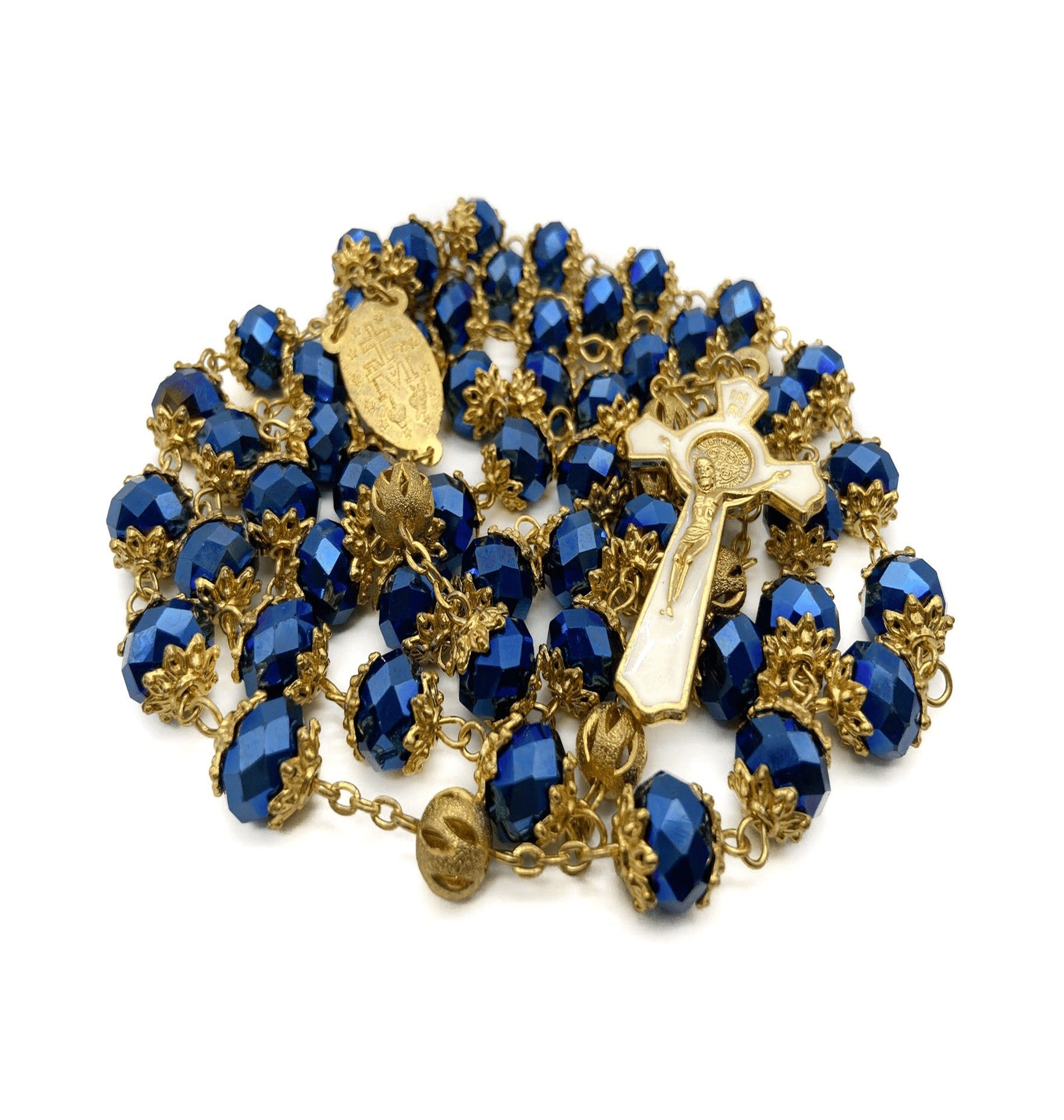 St Benedict Rosary Deep Blue Crystal Beads Necklace