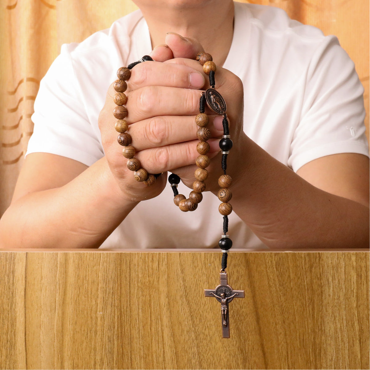 10mm olive and 10mm black wood mystery beads, this rosary offers a bold, strong design that’s perfect for men.