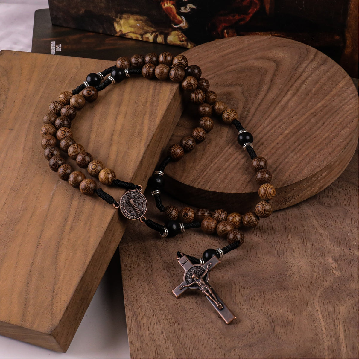 10mm olive and 10mm black wood mystery beads, this rosary offers a bold, strong design that’s perfect for men.