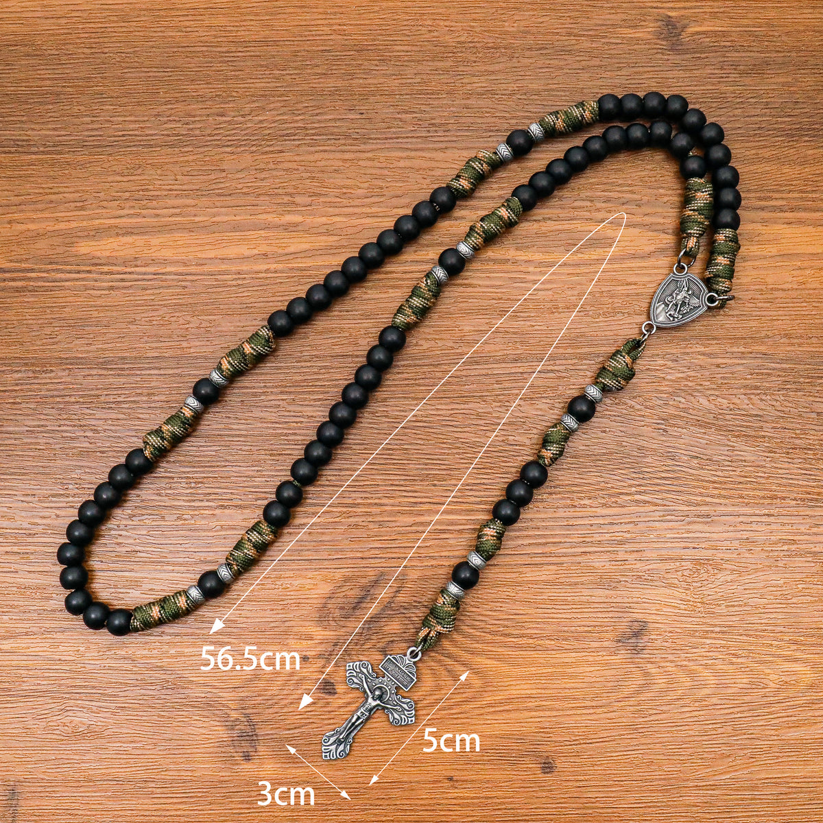 Men's Black Beaded Antique Green & Brown Paracord Rosary Necklace with Silver St. Michael Medal & Pardon Crucifix
