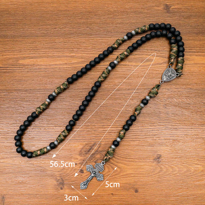 Men's Black Beaded Antique Green & Brown Paracord Rosary Necklace with Silver St. Michael Medal & Pardon Crucifix