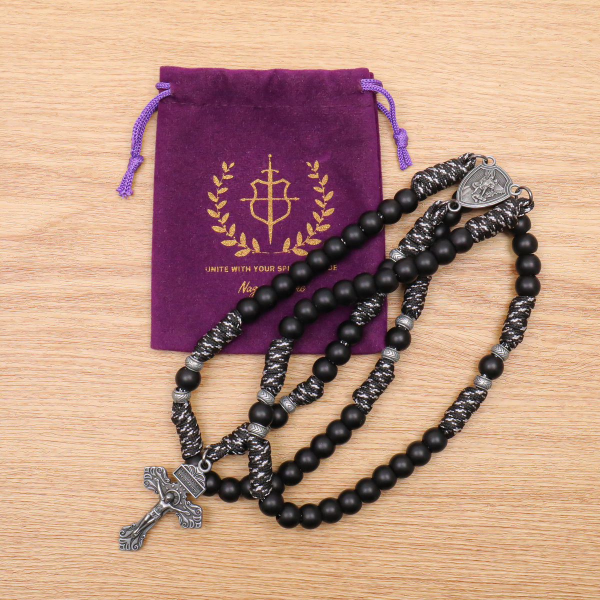 Men's Black Beaded Antique Black & White Paracord Rosary Necklace with Silver St. Michael Medal & Pardon Crucifix