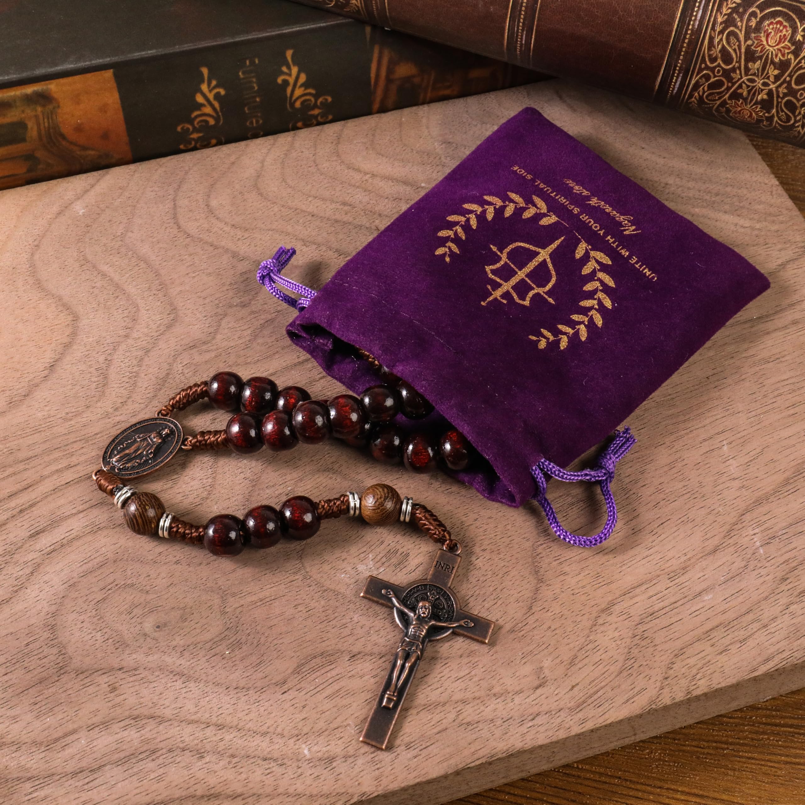 Handmade Solid Wood Catholic Rosary Beads Dark Red & Olive Wood Mystery Beads Prayer Necklace