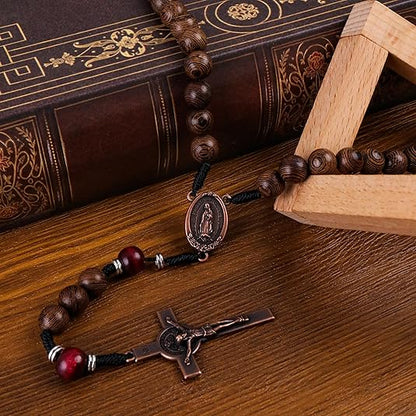 10mm olive wood beads and 12mm dark red wood mystery beads, this rosary offers a bold, strong design that’s perfect for men.