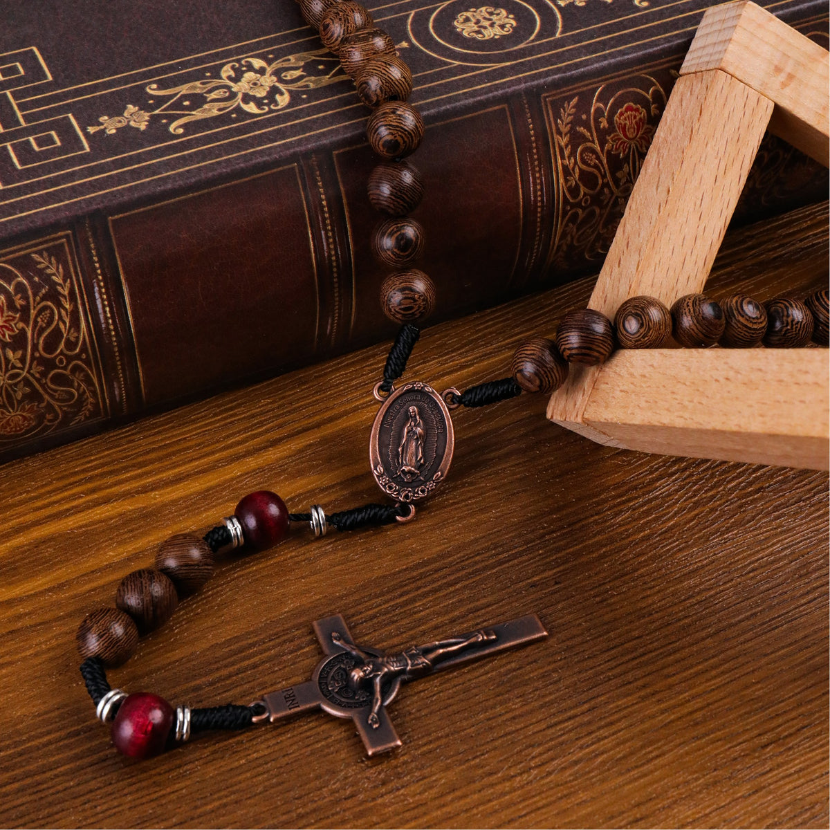 10mm olive wood beads and 12mm dark red wood mystery beads, this rosary offers a bold, strong design that’s perfect for men.