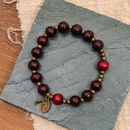 Dark Red Wooden Bead Rosary Bracelet with Antique Bronze Miraculous Medal & Cross