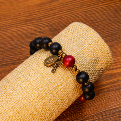 Black Wooden Bead Rosary Bracelet with Antique Bronze Miraculous Medal & Cross