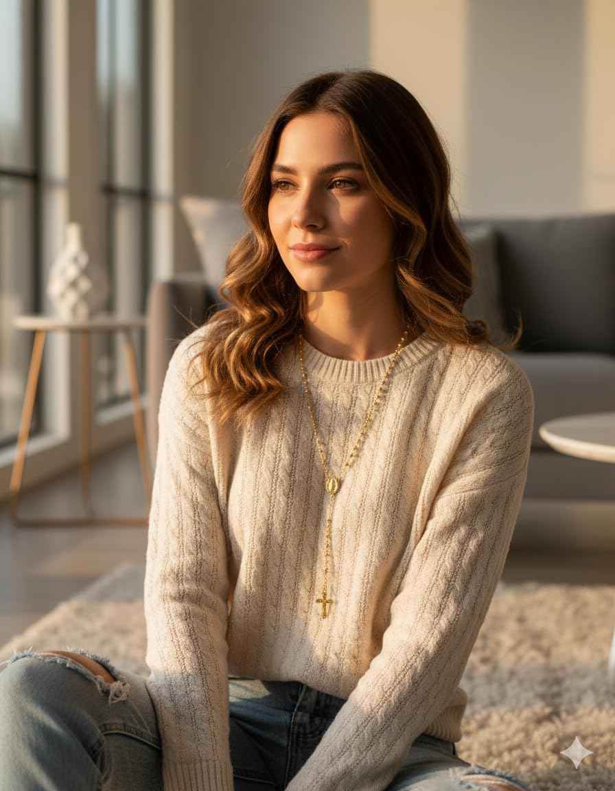 18K Gold Bronze Rosary Necklace Our Lady of Guadalupe & Crucifix with 3mm Prayer Beads - Nazareth Store