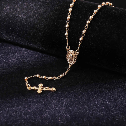 18K Gold Bronze Rosary Necklace Our Lady of Guadalupe & Crucifix with 3mm Prayer Beads - Nazareth Store
