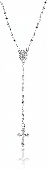 silver-plated rosary necklace featuring smooth 3 mm (0.12 inch) prayer beads, a finely detailed crucifix pendant measuring 1.3 cm (0.51 inch), and a classic Catholic design perfect for daily wear or devotional prayer.