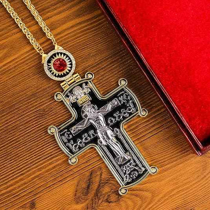 18K Gold Plated Black Pectoral Cross Pendant Red Stone Crucifix Necklace
