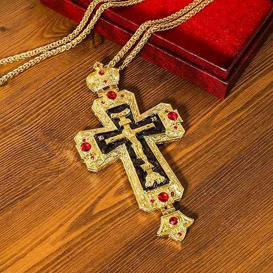 18K Gold Plated Grey Glaze Pectoral Cross Pendant Red Zircon Crucifix Necklace